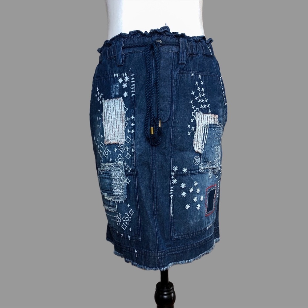 💛 S 💛 NWT Anthro Skirt Denim Patches Embroidery Pockets Slim Drawstring
